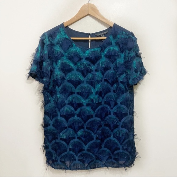 Long Tall Sally Peacock Shimmer Fringe Blouse Size 8 Teal Blue Art Deco Pattern - Picture 2 of 10